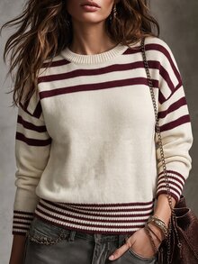 SHEIN Casual Round Neck Long Sleeve Contrast Stripe Top ,Women Fall Winter Sweater,Night Out Outfit,New Year,Christmas, Halloween,Fall Winter 2026,Burgundy - Multicolor - View 1