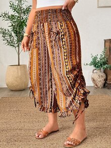 Weeklong Plus Size Women Solid Color Drawstring Waist Pocket Cuffed Hem Bow Tie Long Pants Spring Summer Elegant Comfortable Versatile Lady Outing - Coffee Brown - View 6