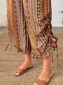 Weeklong Plus Size Women Solid Color Drawstring Waist Pocket Cuffed Hem Bow Tie Long Pants Spring Summer Elegant Comfortable Versatile Lady Outing - Coffee Brown - View 2