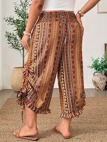 Weeklong Plus Size Women Solid Color Drawstring Waist Pocket Cuffed Hem Bow Tie Long Pants Spring Summer Elegant Comfortable Versatile Lady Outing - Coffee Brown - View 1