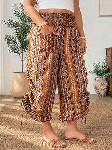 Weeklong Plus Size Women Solid Color Drawstring Waist Pocket Cuffed Hem Bow Tie Long Pants Spring Summer Elegant Comfortable Versatile Lady Outing - Coffee Brown - View 4
