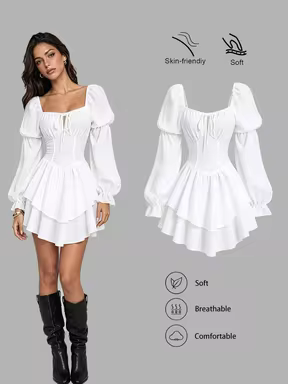 Sweetra French Early Autumn Puff Sleeve Dress For Women,Sophisticated Waist Design,Asymmetrical Hem,Elegant White Summer Picnic Party Cute Dress