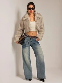 SHEIN PETITE Plush Gradient Women's Fake Fur Jacket, Cropped Style, Warm And Suitable For Autumn And Winter - Apricot - View 3