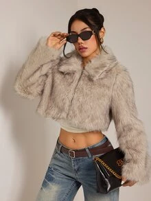 SHEIN PETITE Plush Gradient Women's Fake Fur Jacket, Cropped Style, Warm And Suitable For Autumn And Winter - Apricot - View 7