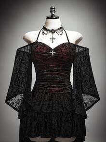 SHEIN ICON Plus Size Vintage Y2K Halterneck Halter Neck Bell Sleeve Top, Gothic Sexy Halterneck Cross Decor Top Winter - Black - View 1