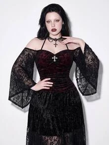 SHEIN ICON Plus Size Vintage Y2K Halterneck Halter Neck Bell Sleeve Top, Gothic Sexy Halterneck Cross Decor Top Winter - Black - View 2