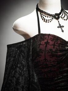 SHEIN ICON Plus Size Vintage Y2K Halterneck Halter Neck Bell Sleeve Top, Gothic Sexy Halterneck Cross Decor Top Winter - Black - View 9