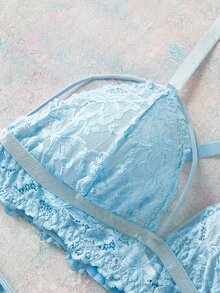 Elorette 2pcs Set Lingerie Ukuran Plus Berwarna Biru Muda dengan Hiasan Renda dan Patchwork Jala, Motif Romantis Murni - Biru - View 5
