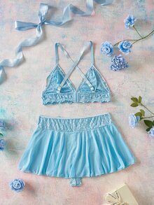 Elorette 2pcs Set Lingerie Ukuran Plus Berwarna Biru Muda dengan Hiasan Renda dan Patchwork Jala, Motif Romantis Murni - Biru - View 2