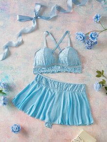 Elorette 2pcs Set Lingerie Ukuran Plus Berwarna Biru Muda dengan Hiasan Renda dan Patchwork Jala, Motif Romantis Murni - Biru - View 4