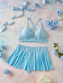 Elorette 2pcs Set Lingerie Ukuran Plus Berwarna Biru Muda dengan Hiasan Renda dan Patchwork Jala, Motif Romantis Murni - Biru - View 1