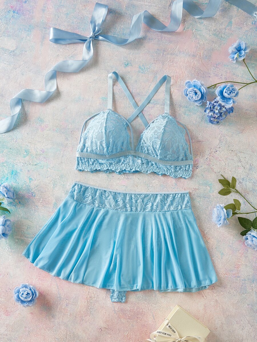 Elorette 2pcs Set Lingerie Ukuran Plus Berwarna Biru Muda dengan Hiasan Renda dan Patchwork Jala, Motif Romantis Murni - Biru - View 1