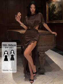 SHEIN PETITE Petite-Friendly Silk And Lace Patchwork Dress With An Asymmetrical, Sexy Cutout Design. - Brown - View 7