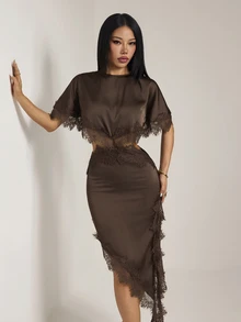 SHEIN PETITE Petite-Friendly Silk And Lace Patchwork Dress With An Asymmetrical, Sexy Cutout Design. - Brown - View 6