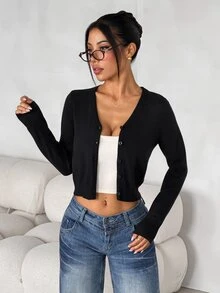 SHEIN PETITE Women's Black Warm Cardigan Sweater – Casual & Work-Ready (Petite Fit) - Black - View 7