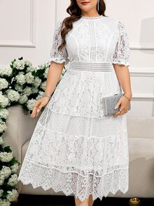 Reflora 大码女式白色蕾丝中长连衣裙，优雅短袖夏季连衣裙，女式白色连衣裙，女式夏季连衣裙，大码连衣裙，白色连衣裙，优雅大码女式连衣裙，飘逸连衣裙，女式连衣裙，派对蕾丝连衣裙，女式端庄连衣裙，白色连衣裙，大码优雅连衣裙，茶会连衣裙，大码夏季连衣裙，曲线加大连衣裙，婚礼连衣裙，活动连衣裙，网眼连衣裙，外出连衣裙 - 白色 - 查看 3
