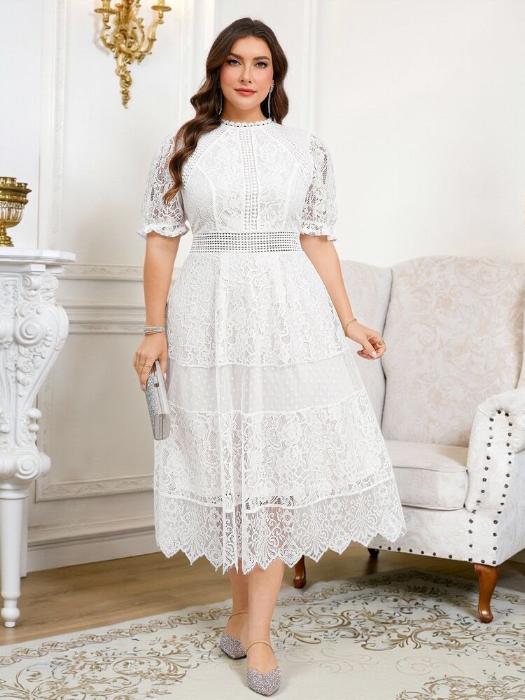 Reflora Plus Size Women White Lace Midi Dress,Elegant Short Sleeve Flowy Mesh Dress For Summer,Bridal Wedding Guest Party,Classy Modest Wedding Event Outfit - White - View 1