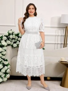 Reflora 大码女式白色蕾丝中长连衣裙，优雅短袖夏季连衣裙，女式白色连衣裙，女式夏季连衣裙，大码连衣裙，白色连衣裙，优雅大码女式连衣裙，飘逸连衣裙，女式连衣裙，派对蕾丝连衣裙，女式端庄连衣裙，白色连衣裙，大码优雅连衣裙，茶会连衣裙，大码夏季连衣裙，曲线加大连衣裙，婚礼连衣裙，活动连衣裙，网眼连衣裙，外出连衣裙 - 白色 - 查看 7