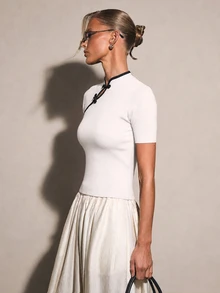 COSMINA Women's Casual Elegant Contrast Color Frog Button Knit Top - White - View 6