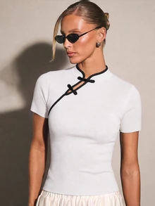 COSMINA Women's Casual Elegant Contrast Color Frog Button Knit Top - White - View 5