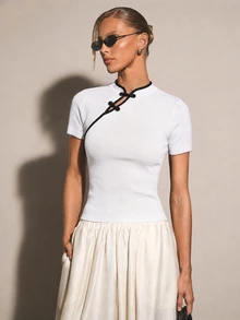 COSMINA Women's Casual Elegant Contrast Color Frog Button Knit Top - White - View 3