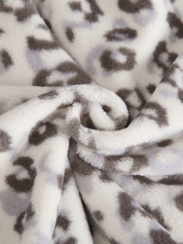 Teen Girls Grey Leopard Print Fuzzy Half-Zip Polo Collar Long Sleeve Sweatshirt, Comfortable Loose Casual Top, Autumn/Winter - Grey - View 8