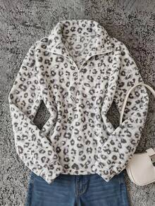 Teen Girls Grey Leopard Print Fuzzy Half-Zip Polo Collar Long Sleeve Sweatshirt, Comfortable Loose Casual Top, Autumn/Winter - Grey - View 1