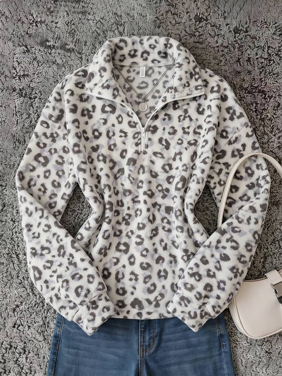 Teen Girls Grey Leopard Print Fuzzy Half-Zip Polo Collar Long Sleeve Sweatshirt, Comfortable Loose Casual Top, Autumn/Winter - Grey - View 1
