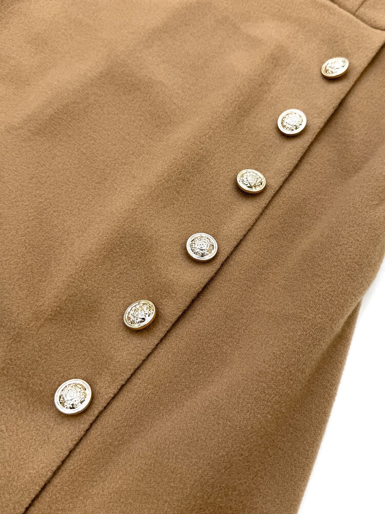 RosyDaze 女款秋季駝色披肩上衣配鈕扣中長裙套裝，無袖斗篷式上衣搭配高腰開衩裙，適合商務通勤的優雅場合穿著 - 棕色 - 查看 11