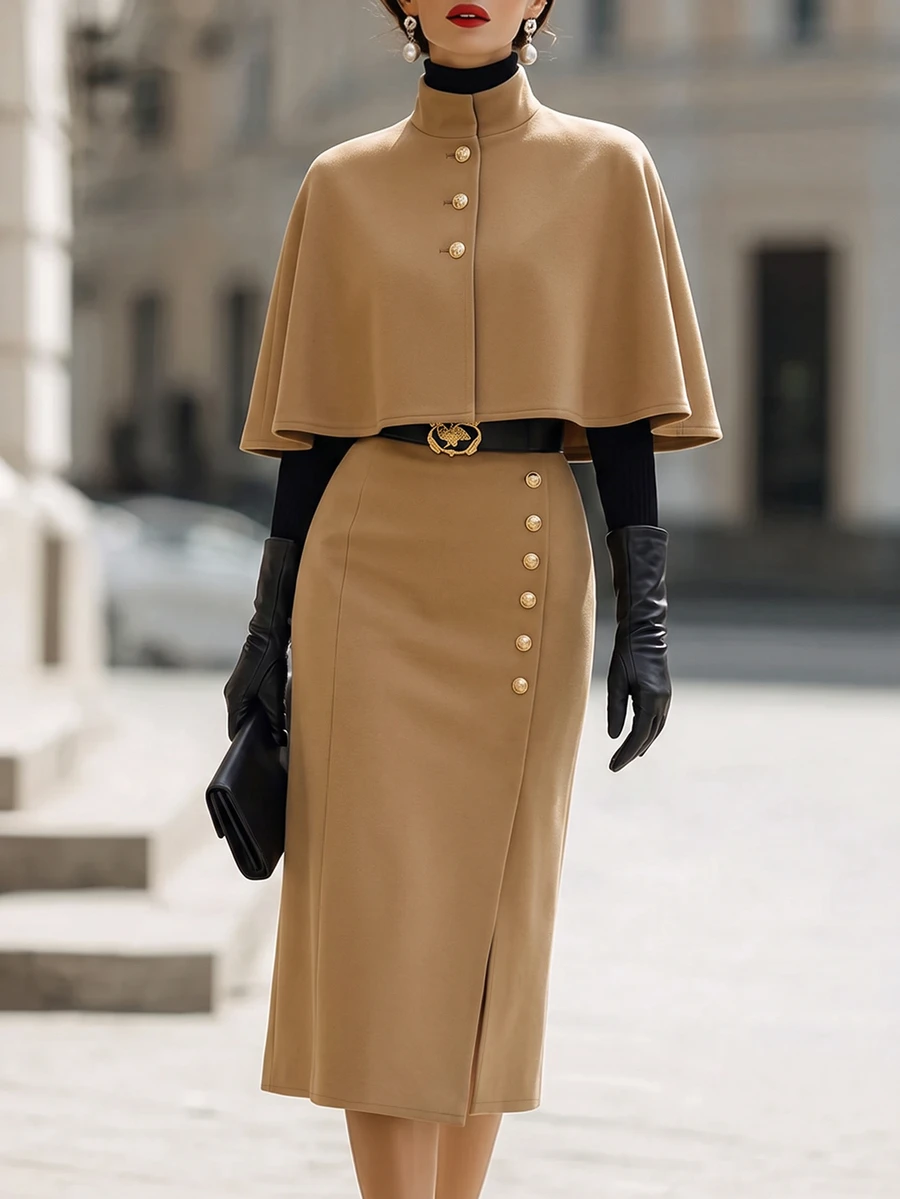 RosyDaze Women's Fall Camel Cape Top With Button Midi Skirt Set, Sleeveless Poncho With High-Waist Slit Skirt, Sophisticated Occasion Wear For Business Commute - Brown - View 1