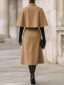 RosyDaze Women's Fall Camel Cape Top With Button Midi Skirt Set, Sleeveless Poncho With High-Waist Slit Skirt, Sophisticated Occasion Wear For Business Commute - Brown - View 2