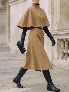 RosyDaze Women's Fall Camel Cape Top With Button Midi Skirt Set, Sleeveless Poncho With High-Waist Slit Skirt, Sophisticated Occasion Wear For Business Commute - Brown - View 7