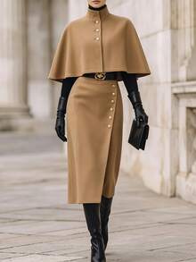 RosyDaze Women's Fall Camel Cape Top With Button Midi Skirt Set, Sleeveless Poncho With High-Waist Slit Skirt, Sophisticated Occasion Wear For Business Commute - Brown - View 5