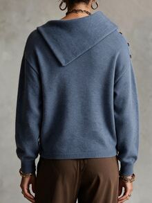 Balvessa French Style High Neck Handmade Button Lazy Home & Outdoor Wear Women's Sweater - Blue - View 2
