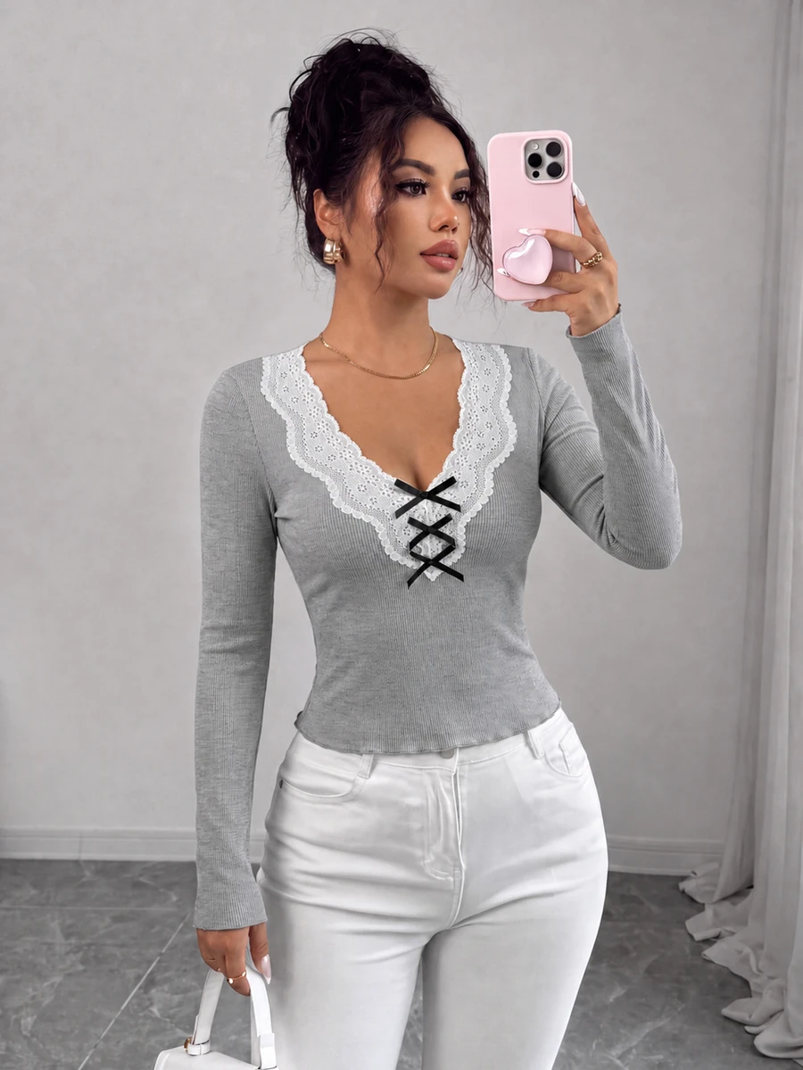 GlowEve Women's Lace Patchwork Slim Fit Versatile Daily Long Sleeve T-Shirt - Grey - View 1
