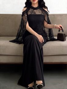 Celisse Women's Elegant Strapless Dress With Lace Cold Shoulder Top 2 Pieces Set - Black - View 1