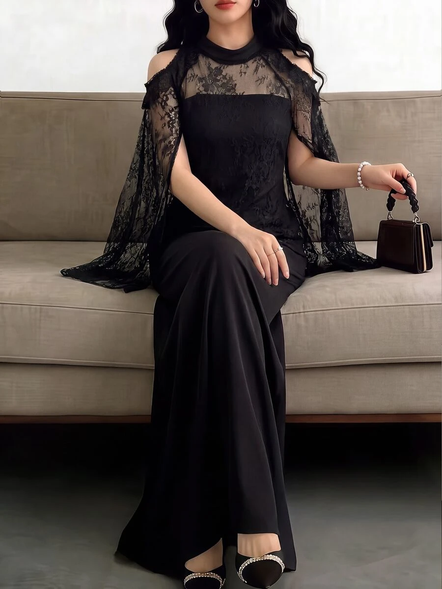 Celisse Women's Elegant Strapless Dress With Lace Cold Shoulder Top 2 Pieces Set - Black - View 1