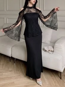 Celisse Women's Elegant Strapless Dress With Lace Cold Shoulder Top 2 Pieces Set - Black - View 3
