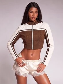 Nooralise Fashionable Sporty Striped Colorblock Cropped Jacket - Multicolor - View 3