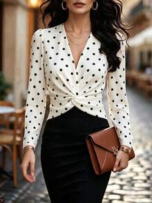Balvessa Vintage Polka Dot Twisted Ruched Top, Elegant Slimming, High-End Sophisticated Vibe - Black and White - View 6
