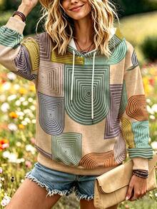 Selamara Women's Striped Drop Shoulder Long Sleeve Casual Drawstring Hooded Sweatshirt - Apricot - View 1