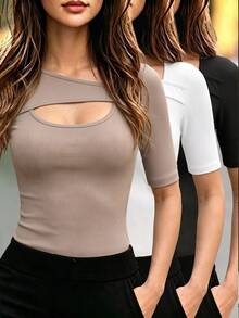 Selamara 3pcs Women Solid Color Hollow Out Fitted Casual Short Sleeve Top Set - Multicolor - View 1