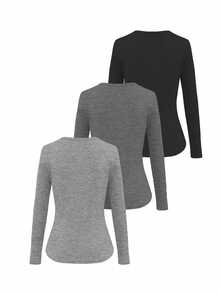 INAWLY Set de 3 camisetas de manga larga de cuello redondo de unicolor y estilo minimalista para mujer - Multicolor - Ver 2