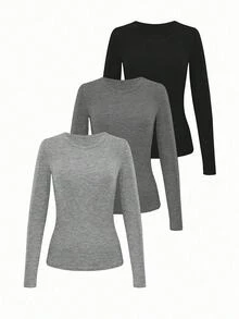 INAWLY Set de 3 camisetas de manga larga de cuello redondo de unicolor y estilo minimalista para mujer - Multicolor - Ver 4