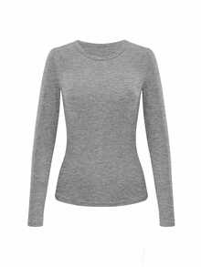 INAWLY Set de 3 camisetas de manga larga de cuello redondo de unicolor y estilo minimalista para mujer - Multicolor - Ver 5