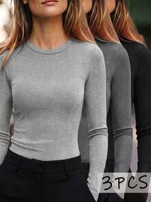 INAWLY Set de 3 camisetas de manga larga de cuello redondo de unicolor y estilo minimalista para mujer - Multicolor - Ver 3