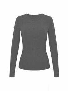 INAWLY Set de 3 camisetas de manga larga de cuello redondo de unicolor y estilo minimalista para mujer - Multicolor - Ver 6