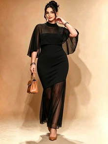 Cravure Plus Size Women's Autumn/Winter Cape Strapless Mesh Patchwork Asymmetric Split Daily Commute Party Dress - Black - View 2
