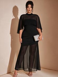 Cravure Plus Size Women's Autumn/Winter Cape Strapless Mesh Patchwork Asymmetric Split Daily Commute Party Dress - Black - View 4