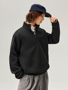 Vaulklash 男士街頭風半拉鍊套頭衛衣，拼接設計配小刺繡標誌，送給男友/丈夫的禮物，週年紀念禮物，男士套頭衛衣 - 黑色 - 查看 4